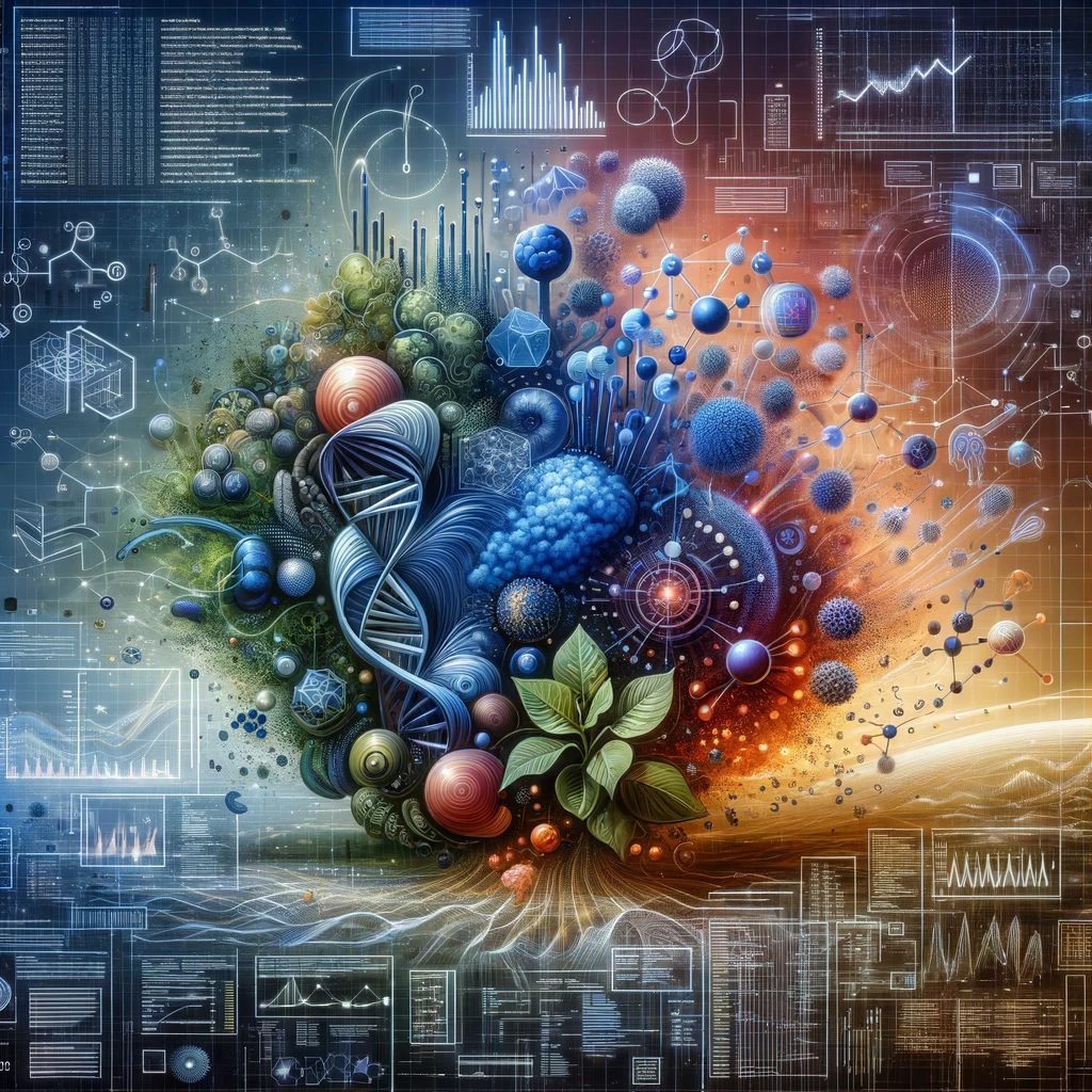 An abstract, futuristic artwork symbolizing a fusion of various scientific and technological fields. The image should depict elements representing microbial physiology (like microscopic organisms), bioinformatics (such as DNA strands and computer algorithms), data science (graphs, charts), microbial ecology (microbial communities in an environmental context), agriculture (plants, fields), DevOps (computer servers, coding environments), networking (connected nodes, network diagrams), and programming (source code, programming languages symbols). The composition should blend these elements in a harmonious and visually appealing way, conveying the interconnectedness of these disciplines.