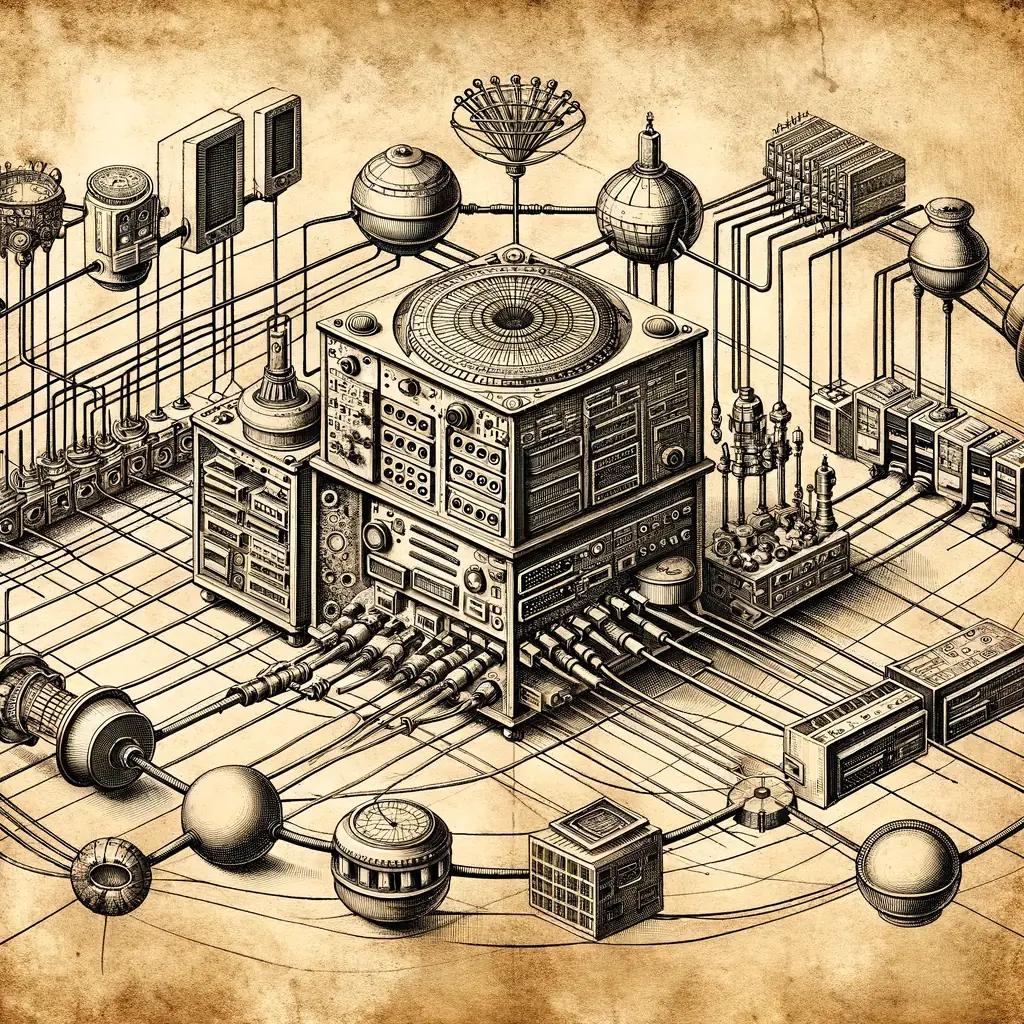 Isometric technical illustration of networked scientific instruments